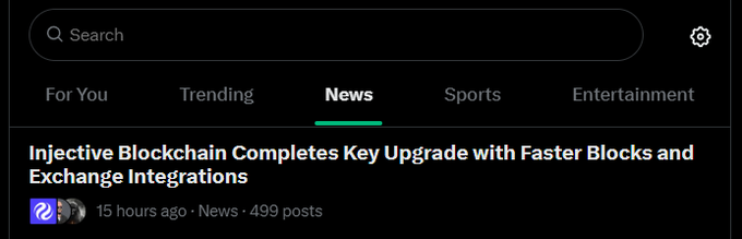 A dark-mode app interface showing a news headline: 'Injective Blockchain Completes Key Upgrade with Faster Blocks and Exchange Integrations,' posted 15 hours ago.
