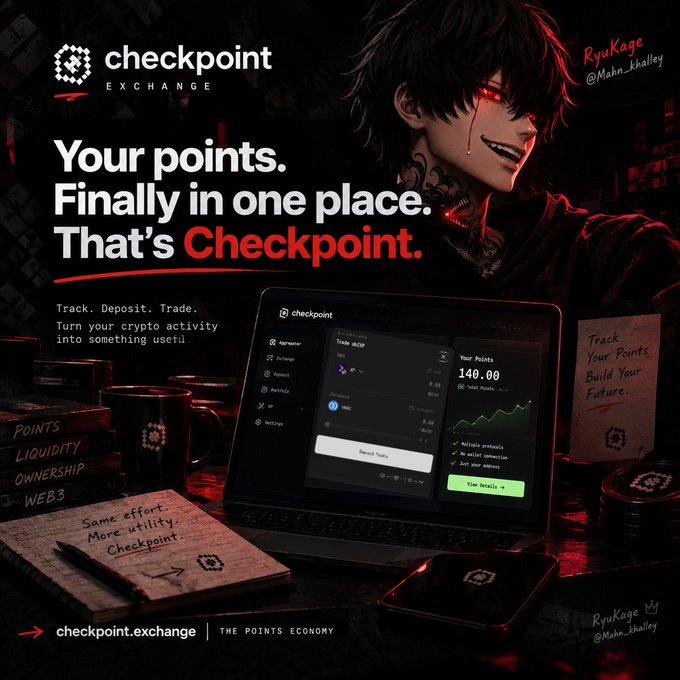 An advertisement for checkpoint.exchange featuring anime artwork and the tagline 'Your points. Finally in one place. That's Checkpoint,' highlighting crypto tracking and utility features.