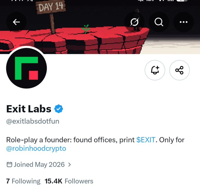 The image shows the verified X profile for **Exit Labs (@exitlabsdotfun)**, with a bio reading, “Role-play a founder: found offices, print $EXIT. Only for @robinhoodcrypto,” and **15.4K followers**. It relates to the post promoting Exit Labs as a **4,444-supply free mint** on **Robinhood**, in collaboration with **@SolguruNFT**.
