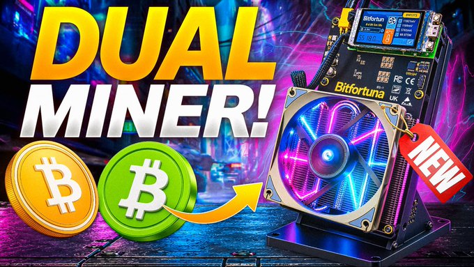 A YouTube-style thumbnail advertising a "DUAL MINER!" for Bitcoin and Bitcoin Cash, featuring a Bitfortuna mining device with RGB lighting and a "NEW" tag.