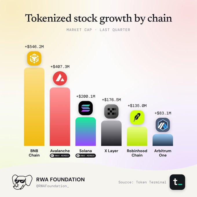 A bar chart titled "Tokenized stock growth by chain" displays market cap gains over the last quarter, led by BNB Chain (+$546.2M), followed by Avalanche (+$407.3M), Solana (+$200.1M), X Layer (+$176.5M), Robinhood Chain (+$135.0M), and Arbitrum One (+$83.1M)—together adding roughly $1.5B to tokenized stock market cap. The infographic is credited to the RWA Foundation with data sourced from Token Terminal.