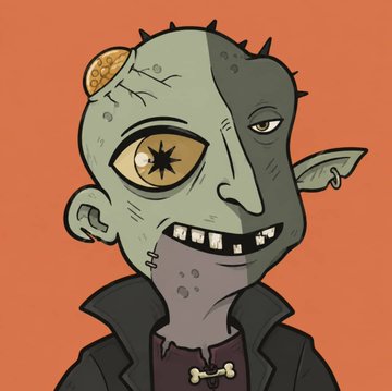 A cartoon zombie-like outcast with exposed brain matter, mismatched eyes, pointed ears, and crooked teeth appears against an orange background. It represents “The OutCast” from the 2,500-piece StrayBorns degen NFT collection of rejected identities.