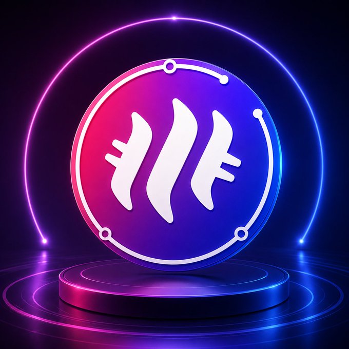 A 3D digital logo featuring abstract white shapes on a pink and blue circular background, displayed on a glowing neon podium with a circular ring of light behind it.