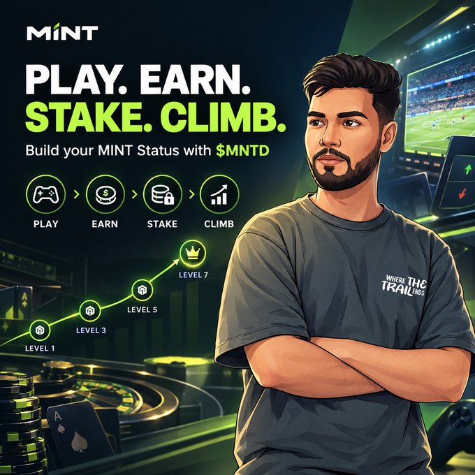 A promotional graphic for 'MiNT' featuring an illustrated man in a dark t-shirt reading 'WHERE THE TRAIL ENDS', with text 'PLAY. EARN. STAKE. CLIMB.' and 'Build your MiNT Status with $MNTD', alongside icons showing a progression from PLAY to EARN, STAKE, and CLIMB up to LEVEL 7.