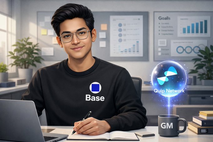 The image features a young man sitting at a desk with a laptop, writing something down in a notebook or journal. The background of the image includes a poster that says "base" and another poster that says "quip network". These posters suggest that the focus of the image is on the concept of Quips, which is an open-source project aiming to create a secure and transparent blockchain for peer-to-peer transactions. The man's presence in front of these posters indicates his interest or involvement with this project.