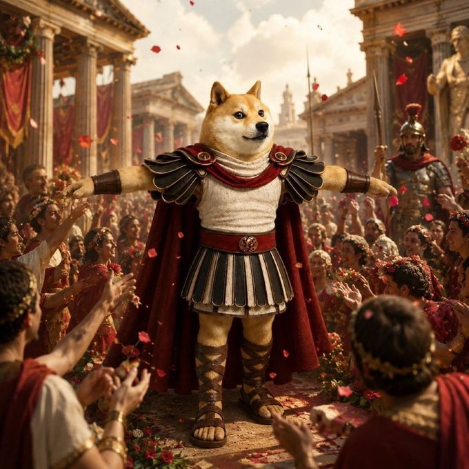 A digital artwork depicting a Shiba Inu dog dressed as a Roman general in armor and red cape, standing triumphantly amid a crowd showering rose petals in an ancient city.
