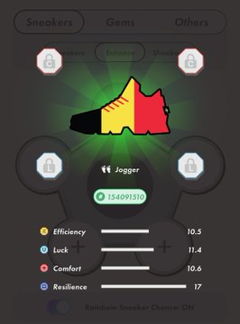 A sneaker-themed app screen displays a colorful shoe labeled "Jogger" with stats: Efficiency 10.5, Luck 11.4, Comfort 10.6, and Resilience 17.
