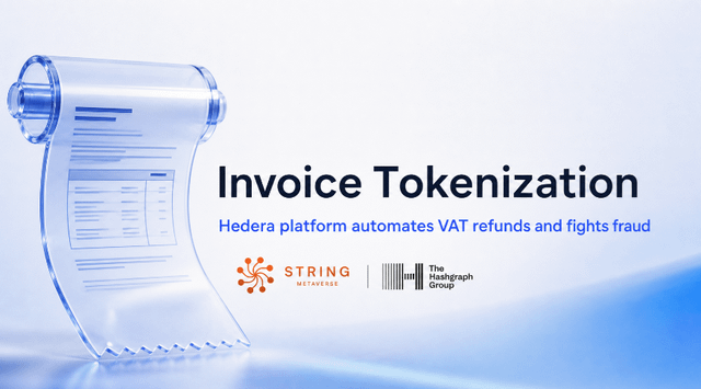 The image features a translucent blue stylized receipt with the headline "Invoice Tokenization" and the subheading "Hedera platform automates VAT refunds and fights fraud," alongside logos for String Network and The Hashgraph Group, visually supporting the announcement of BillsOnChain's launch on Hedera for tokenizing invoices and automating VAT refunds.
