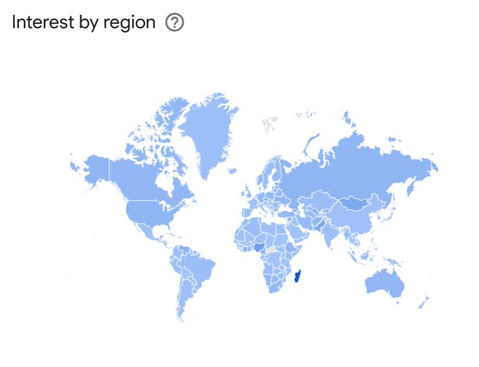 A world map titled 'Interest by region' showing Google Trends data, with Madagascar highlighted in the darkest blue indicating the highest interest level.