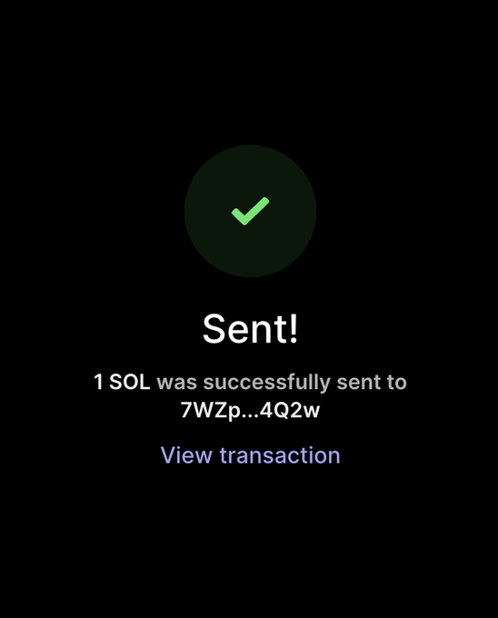 A dark-themed confirmation screen displays a green checkmark with the text "Sent!" indicating that "1 SOL was successfully sent to 7WZp...4Q2w," along with a "View transaction" link. The image relates to the post by serving as proof of the promised 1 SOL reward given to user @001Abudu for their engagement.