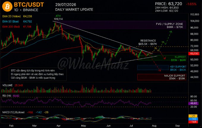 A daily market update chart for BTC/USDT on Binance dated 29/07/2026 shows the current price at 63,720 (-1.65%), featuring EMA 20, 50, and 200 indicators along with support and resistance zones, watermarked by @WhaleMuhz.