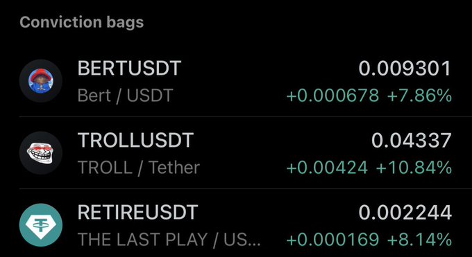 A cryptocurrency tracker interface displays three "Conviction bags" including BERTUSDT at 0.009301 (+7.86%), TROLLUSDT at 0.04337 (+10.84%), and RETIREUSDT at 0.002244 (+8.14%), aligning with the post highlighting $Bert, $TROLL, and $retire as strong holdings.