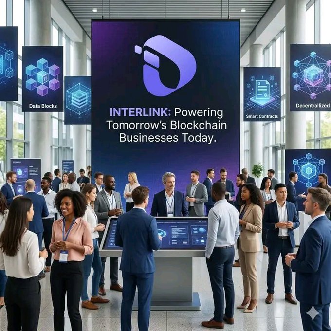 The image shows a large group of people gathered around a booth at an event, with some standing near a display screen featuring a logo for Interlink. The attendees are engaged in conversation or observing the presentation, which suggests that they are interested in learning about the company's offerings and how they can benefit from them. The presence of multiple banners and signs throughout the scene further supports the idea that this is an event focused on showcasing innovative technologies like blockchain.