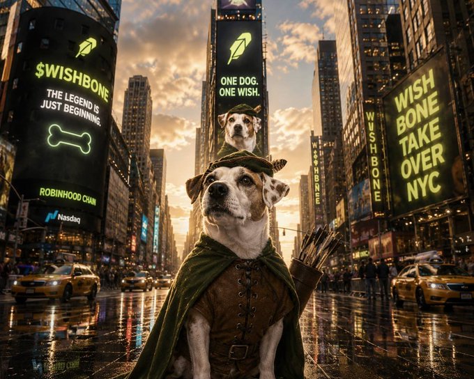 Two dogs dressed as Robin Hood stand in a rainy Times Square surrounded by towering digital billboards advertising "$WISHBONE" with slogans like "THE LEGEND IS JUST BEGINNING," "ONE DOG. ONE WISH," "WISHBONE TAKE OVER NYC," and "ROBINHOOD CHAIN." The image ties into the post's bullish sentiment about the $WISHBONE meme coin by visually portraying its canine mascot as a legendary hero poised to conquer New York City, reinforcing the "$1B meme" ambition with a cinematic, larger-than-life backdrop.