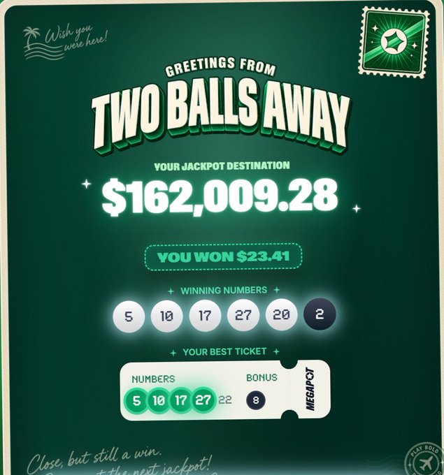 A lottery ticket titled "Greetings from Two Balls Away" displays a near-miss jackpot win of $23.41, with the winning numbers being 5, 10, 17, 27, 20, and 2, and the player's best ticket showing numbers 5, 10, 17, 27, 22, and bonus 8—missing the final two winning numbers, hence "two balls away" from the $162,009.28 jackpot.