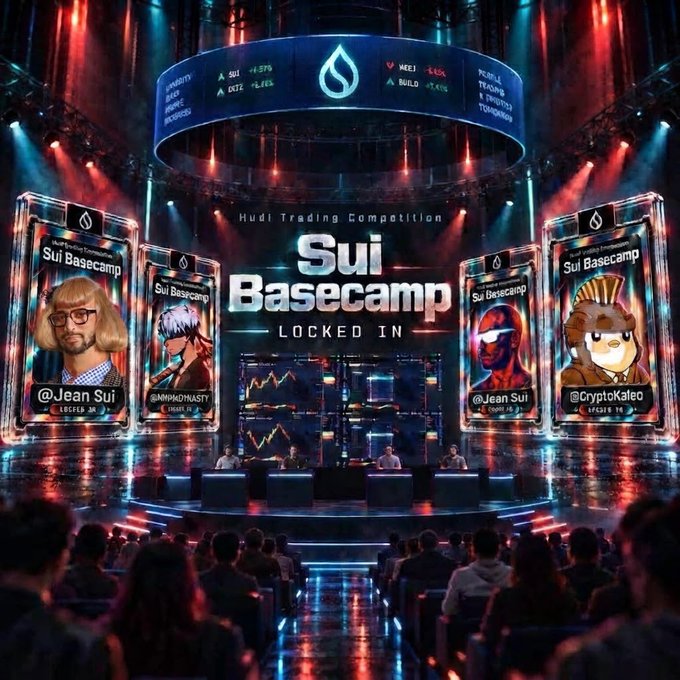 A digital artwork for the "Sui Basecamp LOCKED IN" crypto trading competition, featuring stylized portraits of participants including @JeanSui, @CryptoKafeo, and others on a lit stage.