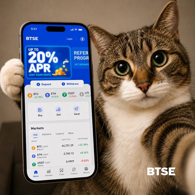 The image features a cat holding a smartphone that displays an advertisement for Bitcoin trading services, specifically offering a 20% APR refer program. The cat appears to be posing with the phone while looking directly at the camera. The text of the post reads "BMSE! Lets Deposit, Earn, and Grow together Earn up to !" and "#BTSECampaign". This highlights that the advertisement emphasizes Bitcoin's potential benefits for users by promoting its features and advantages, such as earning a fixed return on investment.