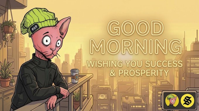 An illustrated pink cat wearing a green beanie and black jacket holds a coffee cup on a balcony overlooking a cityscape, with the text 'GOOD MORNING WISHING YOU SUCCESS & PROSPERITY' beside it.