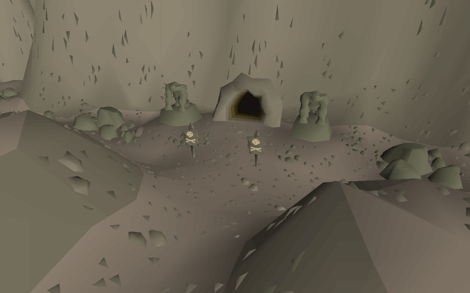 A low-poly 3D rendering of a desolate cave interior featuring a rocky entranceway flanked by two stone formations and small skull-adorned posts, with a winding path leading through the barren landscape. The scene visually represents the Fremennik Caves setting referenced in the promotion for $SCAPE on solanascape.online, capturing the rugged, isolated atmosphere of the in-game location where players are invited to explore.