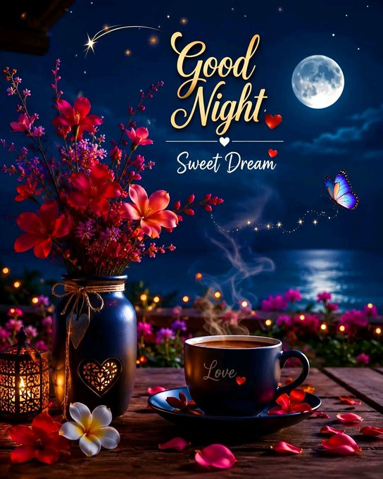 A digital greeting card featuring the text "Good Night Sweet Dream" with a romantic nighttime scene of a steaming mug, a vase of flowers, and a moonlit ocean.