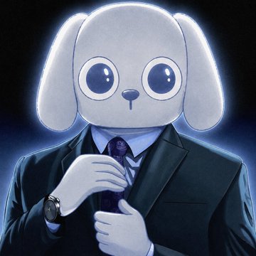 Illustration of a white anthropomorphic dog wearing a black suit and tie, adjusting its cufflinks against a dark background.