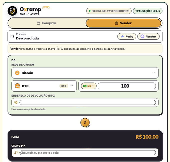 Screenshot of the Oxramp interface (in Portuguese) showing a crypto sell transaction setup to convert BTC to R$ 100,00 via Pix payment.