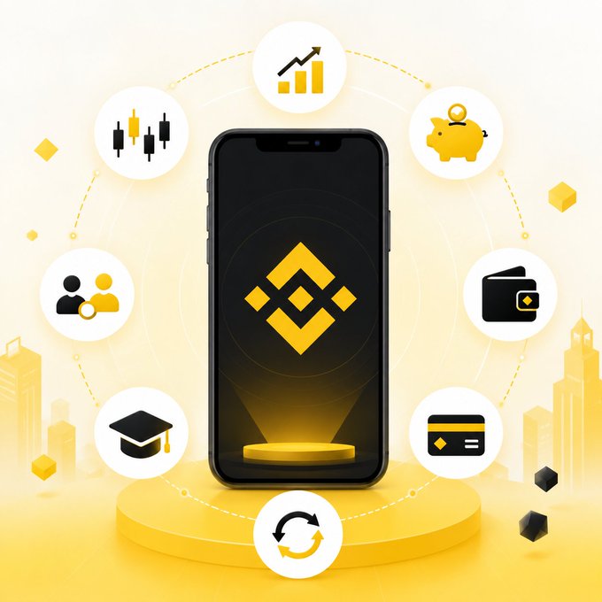 A smartphone displays the Binance logo surrounded by icons representing trading, savings, payments, education, and other financial services, illustrating Binance's evolution from a crypto exchange into a comprehensive financial ecosystem.