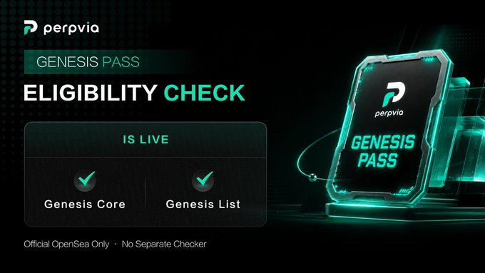 A promotional graphic for 'perpvia GENESIS PASS' announcing an 'ELIGIBILITY CHECK' that is live, showing both Genesis Core and Genesis List as available, marketed as Official OpenSea Only with No Separate Checker.