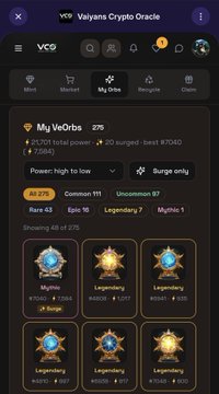 A screenshot of the Vaiyans Crypto Oracle (VCO) app interface displaying the 'My VeOrbs' section, which shows 275 total power, 21,701 surged, and various rarity filters including Rare, Epic, Legendary, and Mythic.
