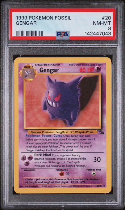 A PSA 8 graded 1999 Pokémon Fossil Gengar card (#20, certification 142447043) encased in a protective slab, matching the described gift of a vintage Gengar trading card funded via PayBox/Collector Crypt.