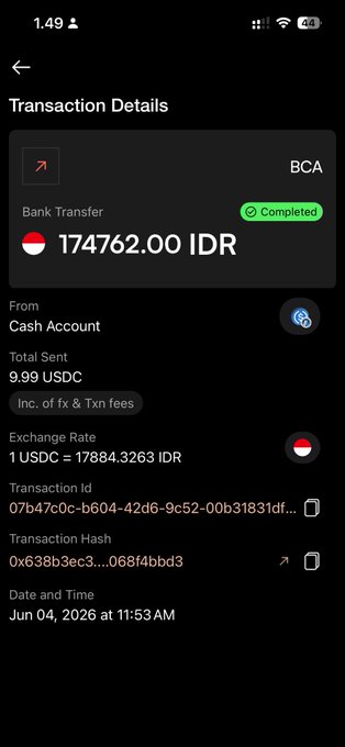 The image shows a phone screen displaying information about a transaction made through an app called "Transaction Details". The app allows users to transfer money from one account to another without leaving their current location, as well as to send USDC/USDT directly to a recipient's bank account or DANA wallet. The post suggests that the app is currently not available on iOS devices and might be better suited for Android devices if it becomes popular.