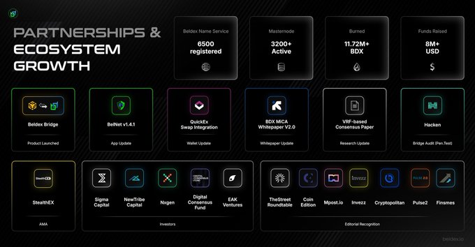 A dark-themed infographic titled 'PARTNERSHIPS & ECOSYSTEM GROWTH' showing metrics like '6500 registered', '3200+ Active' Masternodes, '11.72M+ BDX' Burned, and '8M+ USD' Funds Raised.