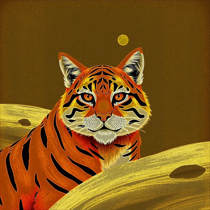A stylized digital illustration of a tiger resting on a yellow landscape with a small moon in a dark olive sky.