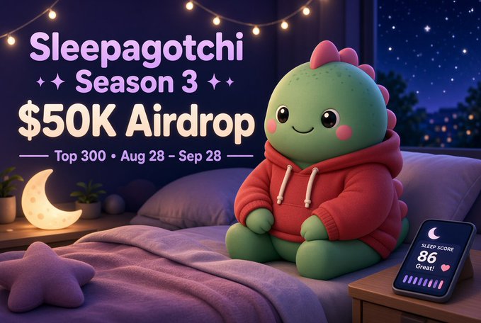 A promotional graphic for 'Sleepagotchi Season 3 $50K Airdrop' for the Top 300, running from Aug 28 to Sep 28, featuring a cute green dinosaur plushie in a red hoodie sitting on a bed next to a phone displaying a Sleep Score of 86.
