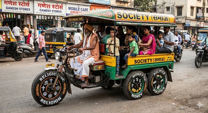 A crowded Indian auto-rickshaw labeled "SOCIETY (समाज)" rides through a busy street, its three wheels humorously branded "RELIGION," "MONEY," and "POLITICS" to illustrate the post's metaphor about society needing decentralization through DAOs, memes/NFT cults, and cryptocurrencies like BTC, ETH, and ZEC.