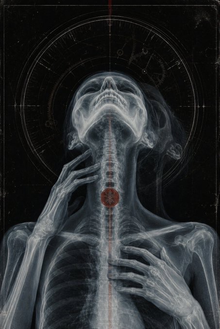 An X-ray style image of a skeleton with hands clasped around the throat, featuring a glowing red circle in the chest area.