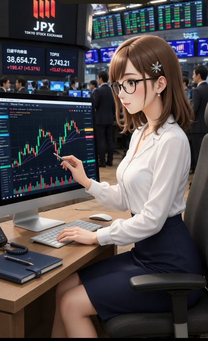 An anime-style illustration of a woman with glasses and brown hair in a white blouse and dark skirt, working at a desk with stock charts at the Tokyo Stock Exchange (JPX).