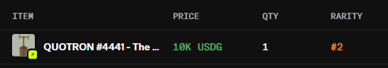 Screenshot of a digital marketplace listing for an item named 'QUOTRON #4441 - The...' priced at 1.0K USDG with a quantity of 1 and a rarity of #2.