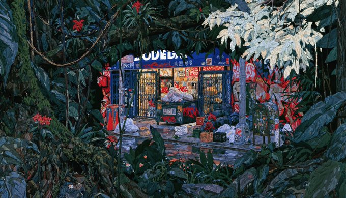 A richly detailed illustration of a small storefront or kiosk glowing warmly at night, surrounded by lush, dense jungle foliage with large green leaves and red flowers.
