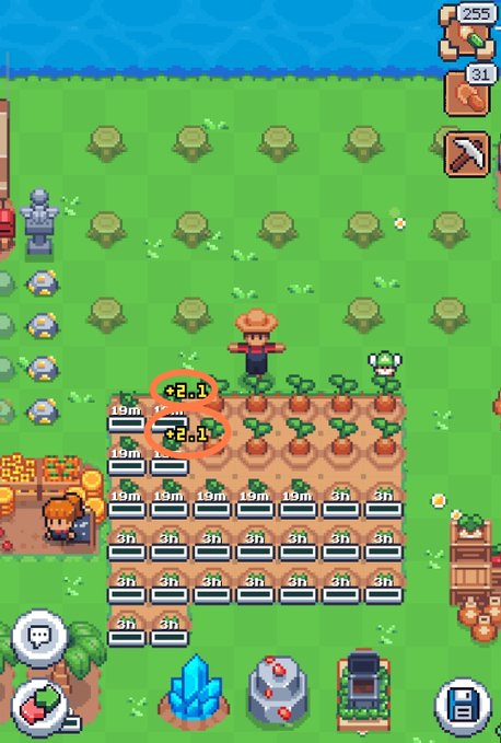 A pixel-art farming game screenshot showing a character in a field with crops in various growth stages marked with timers like '19m' and '3h', alongside a '+2.1' XP indicator.