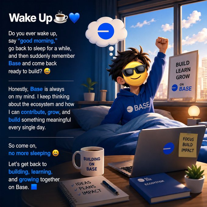 The image features a cartoon depiction of a person wearing sunglasses and a blue hoodie sitting at a desk with a laptop computer open in front of them. The background shows a window overlooking a cityscape. There are also two books placed on the desk, one near the center and another towards the right side. A cup is located to the left of the scene.

The image includes text that reads "Wake Up Do you ever wake up, say 
"good morning," go back to sleep for a while, and then suddenly remember Base and come back ready to build?". The caption also mentions the importance of Base in the context of the post.