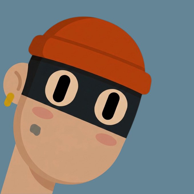 A stylized cartoon illustration shows a figure with a red beanie and a black domino mask covering their eyes, with a small mole on their cheek, set against a blue background.