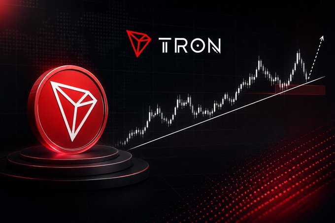 The image features a circular graphic design with red and white colors that incorporates a cryptocurrency symbol (TRON) within the composition, positioned centrally against a black background. The overall image conveys a sense of focus and stability, as TRON remains one of the few major crypto assets maintaining a consistent upward trajectory over an extended period from 2009 to 2019. This long-term upward trend is evident in its primary ascending support line that spans from the beginning of 2016 until 2020, with only minor fluctuations around this point. The current price action is approaching this support level, suggesting that TRON may continue to hold a key position within the crypto market.