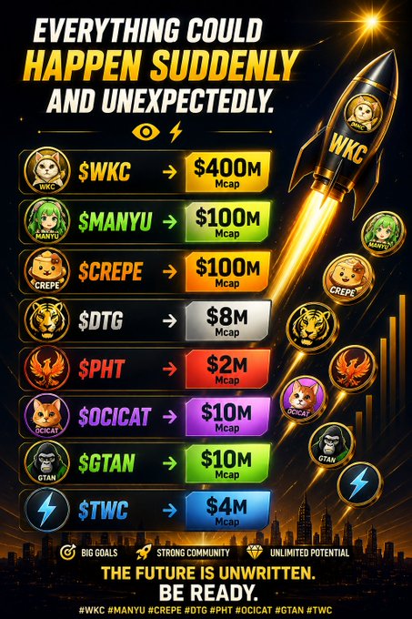 The image is a promotional graphic with the headline "EVERYTHING COULD HAPPEN SUDDENLY AND UNEXPECTEDLY," featuring a rocket launching alongside a list of meme coin tickers—$WKC ($400M), $MANYU ($100M), $CREPE ($100M), $DTG ($8M), $PHT ($2M), $OCICAT ($10M), $GTAN ($10M), and $TWC ($4M)—each paired with target market caps and mascots. The accompanying post highlights these tokens as being "about to break new peaks," matching the rocket imagery to convey sudden upward price potential, reinforced by the tagline "THE FUTURE IS UNWRITTEN. BE READY."