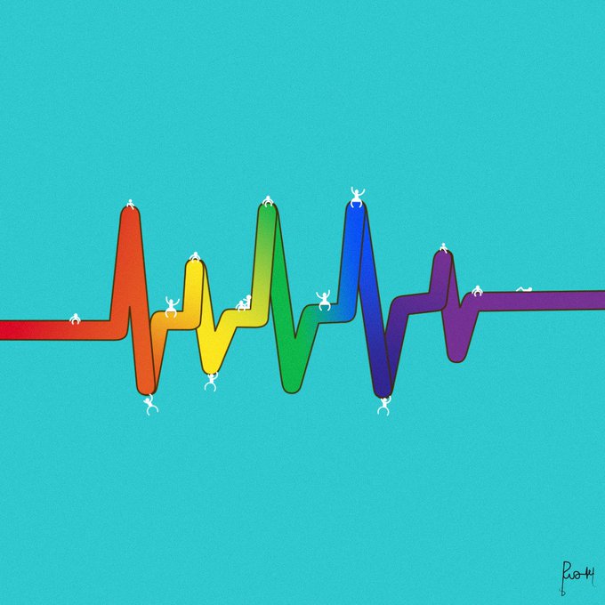 An illustration of a colorful rainbow heartbeat line with small alien-like figures climbing along it against a teal background.