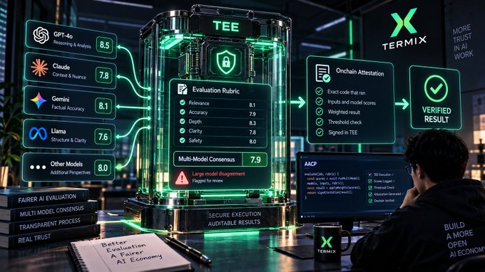 A promotional graphic for TERMIX featuring a holographic TEE (Trusted Execution Environment) display showing evaluation rubrics and scores for AI models (GPT-4o 8.5, Claude 7.8, Gemini 8.1, Llama 7.6, Other Models 8.0), with a multi-model consensus flagged for review and a verified result, alongside a person in a hoodie working on code.