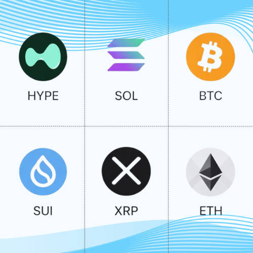 A grid displaying six cryptocurrency logos and tickers: HYPE, SOL, BTC, SUI, XRP, and ETH, set against a light blue background with wave patterns.