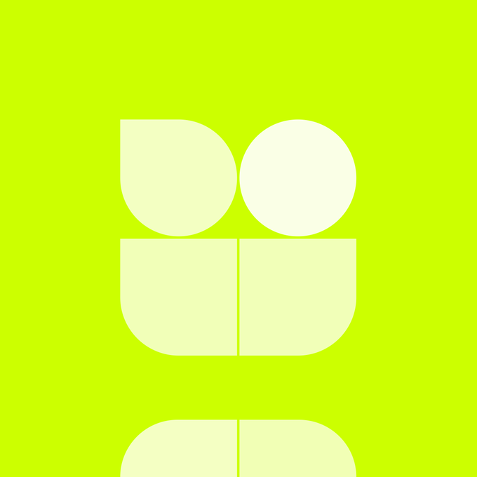 A minimalist logo design on a lime green background featuring stacked pale yellow and white geometric shapes including circles and rounded rectangles.