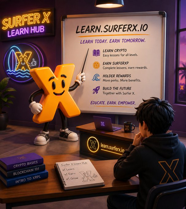 A 3D illustration of a Surfer X mascot teaching crypto concepts from a 'Learn.Surferx.io' whiteboard to a student, featuring books on 'Crypto Basics' and 'Blockchain 101'.