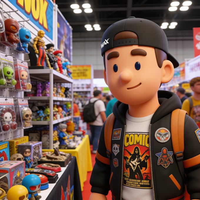 At Comic Con, a young collector sporting a "WAX" cap and a jacket adorned with various collectible patches stands amidst shelves of toy figures. The image visually represents the spirit of pop culture and collectibles mentioned in the accompanying post, encouraging users to share their favorite WAX NFTs.